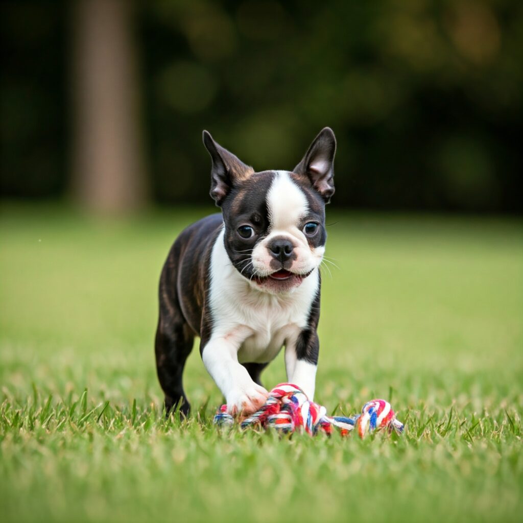 Boston Terrier playing with tug toy